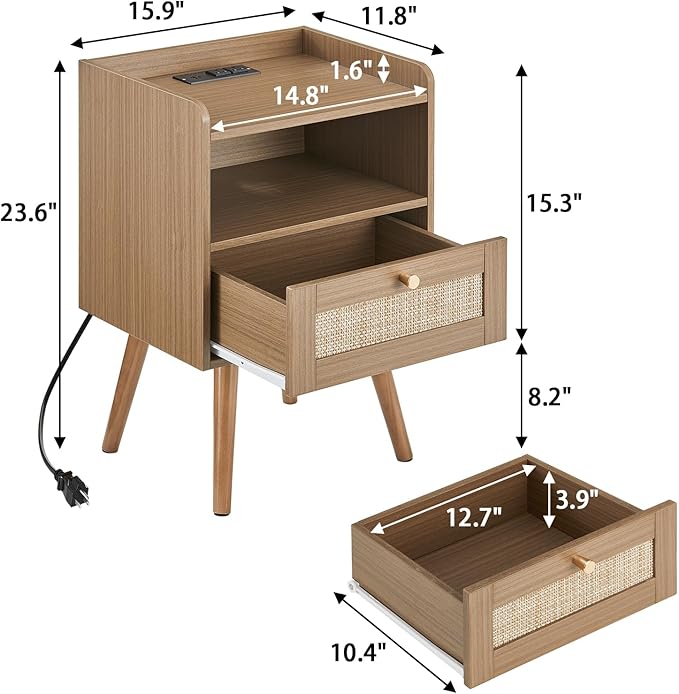 MECHYIN Night Stand Set 2, Nightstands Set of 2 with Charging Station, Rattan Side Tables with Solid Wood Legs, Boho Bedside End Table for Apartment Bedroom Dorm Small Space - Brown
