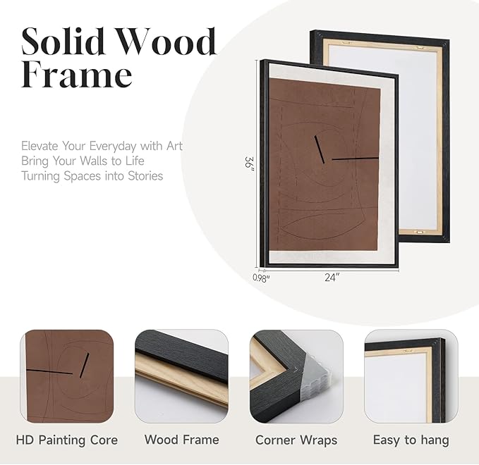 Framed Black and Brown Abstract Wall Art for Living Room, Set of 3 Piece Large Canvas Picture Prints, Modern Neutral White Artworks for Dining Room Hallway Home Office Wall Decor, 24x36 Inch