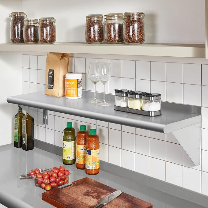 Profeeshaw NSF Stainless Steel Shelf 14” x 72”, 450 lb Commercial Shelves Wall Mounted Metal Shelving with Backsplash and 2 Brackets for Restaurant, Bar, Utility Room, Kitchen and Garage