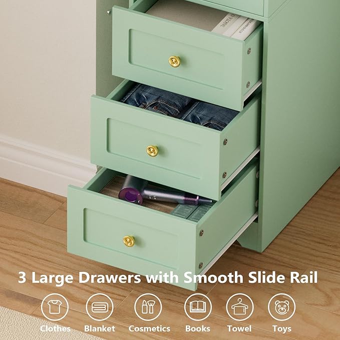 Armoire Wardrobe Closet, 69.5" H Wood Bedroom Cabinet with Mirror Door and 3 Drawers, Green Clothing Storage with Sensor Light and Hanging Rod for Bedroom - Left