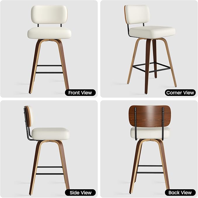 Swivel Bar Stools Set of 4, 26" Faux Leather Upholstered Counter Height Barstools with Back & Bentwood Legs, Mid Century Modern Bar Chairs Island Stools for Kitchen Counter, Cream White