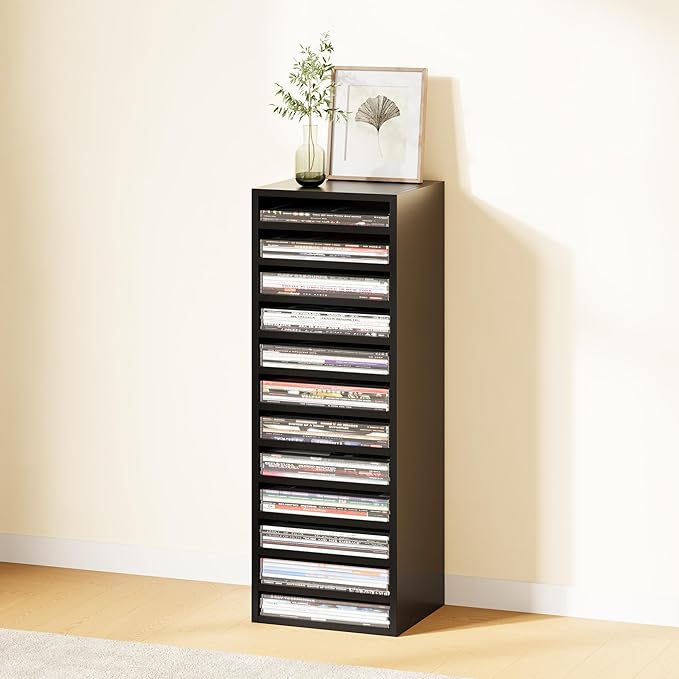 IOTXY DIY Modular Cube Bookcase - CubeXY Customizable Stackable Expandable Basic Shelving Units, 12-Cube Wooden Open Bookshelf with Removable Shelves for 10-inch Vinyl Record Storage Organizer, Black