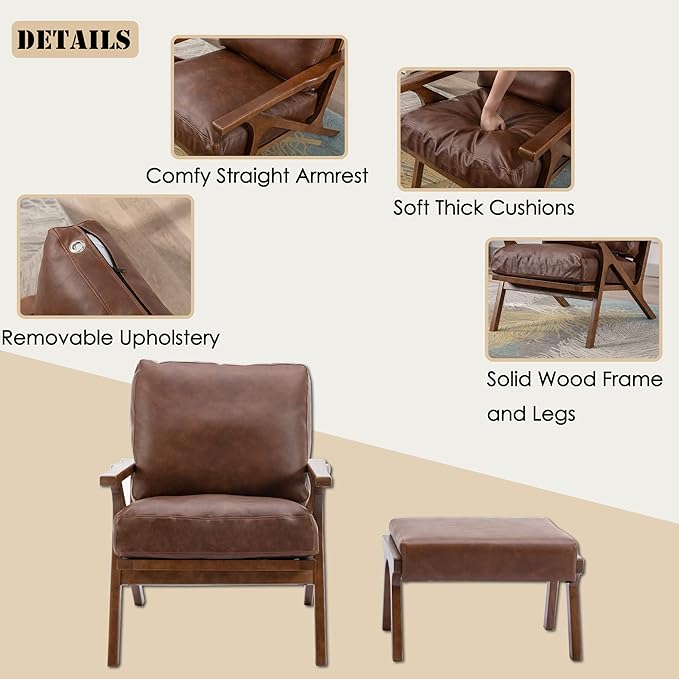chairus Mid-Century Modern Brown Faux Leather Accent Chairs with Ottomans Set of 2, Comfy Upholstered Lounge Armchairs with Solid Wood Frame, Retro Reading Chairs for Living Room Bedroom Office