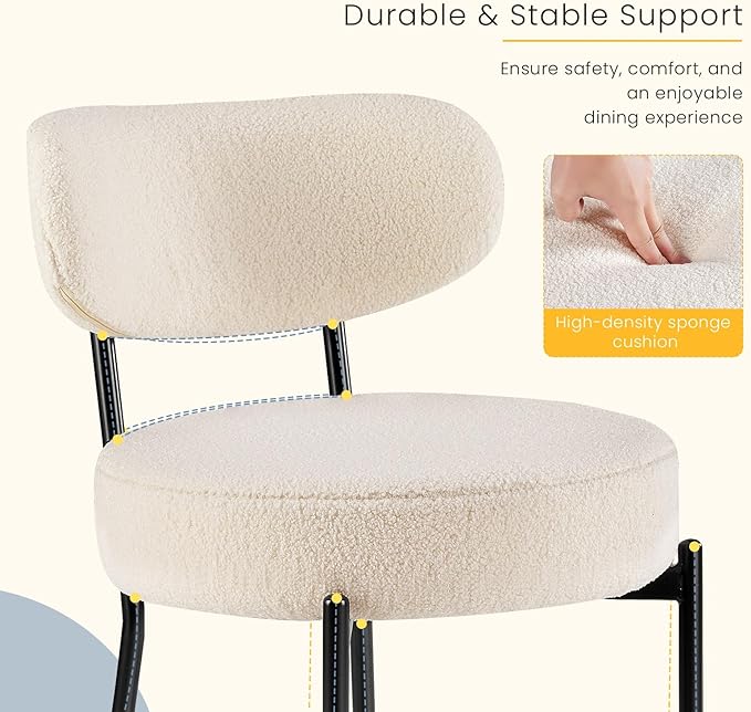 DUMOS Dining Chairs Set of 6, Mid Century Modern Chair Round Upholstered Curved Backrest, Kitchen Vanity Living Room Chairs with Black Metal Legs，Classic Beige