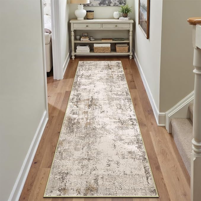 2x8 Washable Runner Rug Brown Grey Abstract Non Slip Soft Low Pile Hallway Kitchen Rug Neutral Modern Carpet for Laundry Bathroom Bedroom Living Room Home Decor