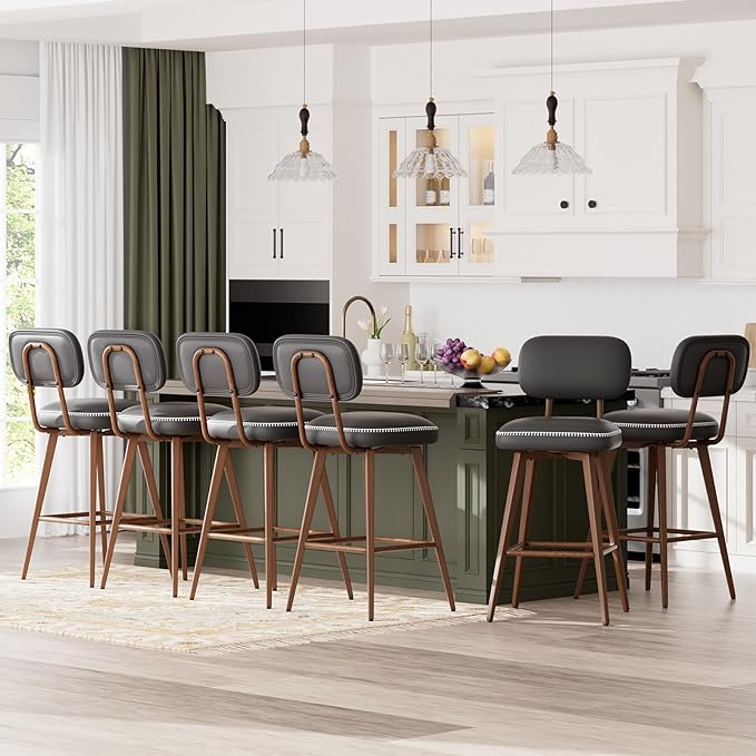 MALOL 26“ Swivel Bar Stools Set of 6, Mid Century PU Leather Counter Height Bar Chairs with Low Back and Metal Legs, Modern Bar Stool Chair for Kitchen Island, Black