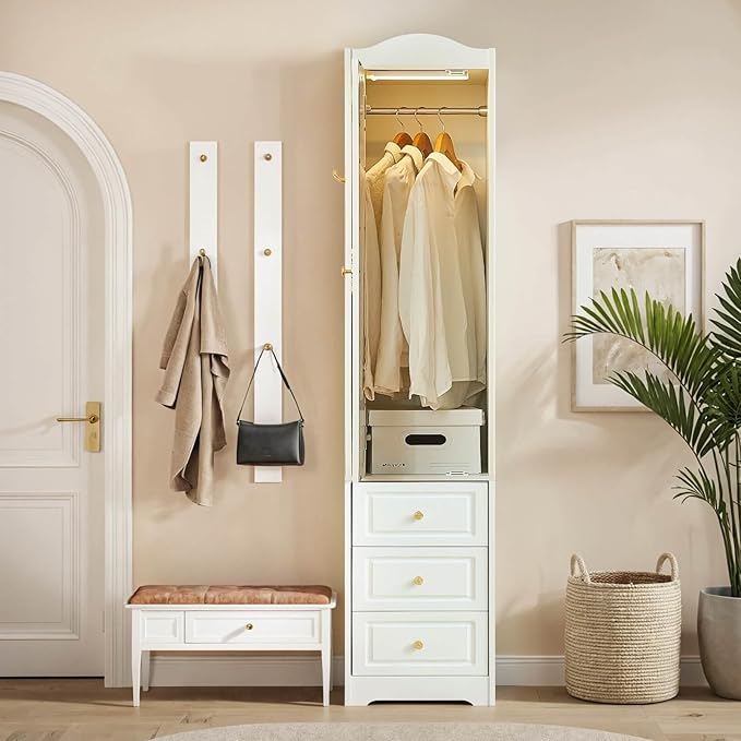 69.5" H Armoire Wardrobe Closet, Wood Bedroom Armoires Cabinet with Mirror Door and 3 Drawers, White Clothing Storage Cabinet with Hanging Rod & Sensor Light for Bedroom(Left)