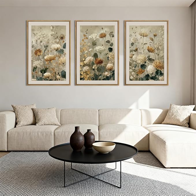Anyzal Large Neutral Wildflower Framed Wall Art 16x24 Inch Vintage Classic Floral Canvas Wall Decor Mid-century Modern Botanical Art Prints for Living Room Bedroom Dining room