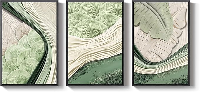 Framed Green Abstract Wall Art Bedroom, 3 Piece Botanical Modern Minimalist Canvas Print Artwork for Walls, Leaf Paintings Pictures for Small Living Room Dining Room Office Wall Art Decor, 16x24 Inch