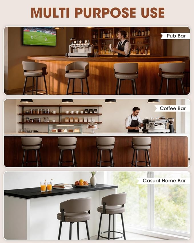Bar Stools Set of 2, 30" Swivel Bar Height Bar Stools with Curved Back, Mid-Century Modern Faux Leather Bar Chairs with Stitching for Kitchen Island, Dining, Living Room, Matte Gray