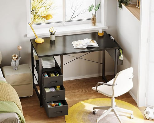AODK 32 Inch Small Computer Desk with Fabric Drawers, Kids Study Desk for Bedroom, Home Office Desk with Storage Shelf & Bag for Small Space, Black