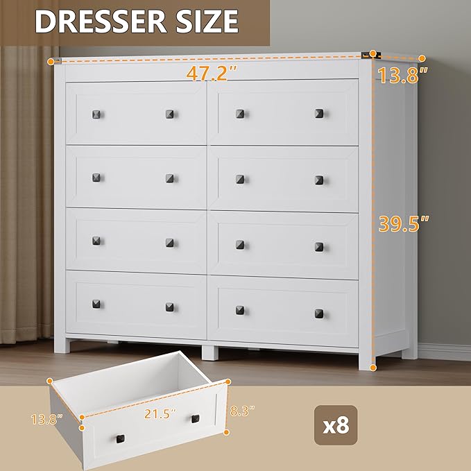 BORNOON Tall 8-Drawer Dresser, Modern Wooden Storage Chest of Drawers, Dresser TV Stand, Wood Drawer Organizer with Metal Handles for Bedroom, Living Room, Hallway