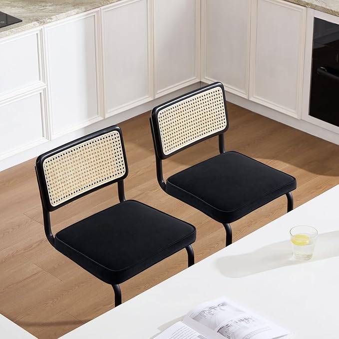 Zesthouse Natural Rattan Bar Stools Set of 2, 26'' Modern Counter Height Stools, Velvet Counter Height Chairs with Solid Wood Back, Mid Century Cantilevered Design Bar Chairs for Kitchen Island, Black