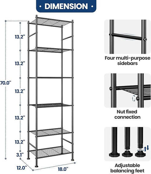 Abiglifty Storage Shelves, 6-Tier Metal Shelving, Closet Shelves with Adjustable Leveling Feet, Shelf Organizer for Kitchen, Pantry, Laundry