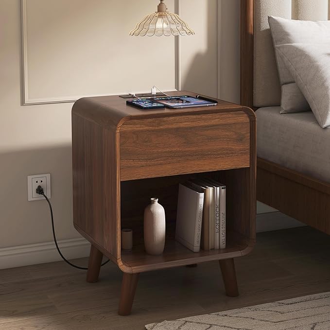 Nasonet Small Night Stand, 17.7'' Wide Bedside Table with Charging Station, Mid Century Modern Nightstands with Drawers, Bedroom Side Table End Table for Living Room, Curved Beveled Design, Walnut