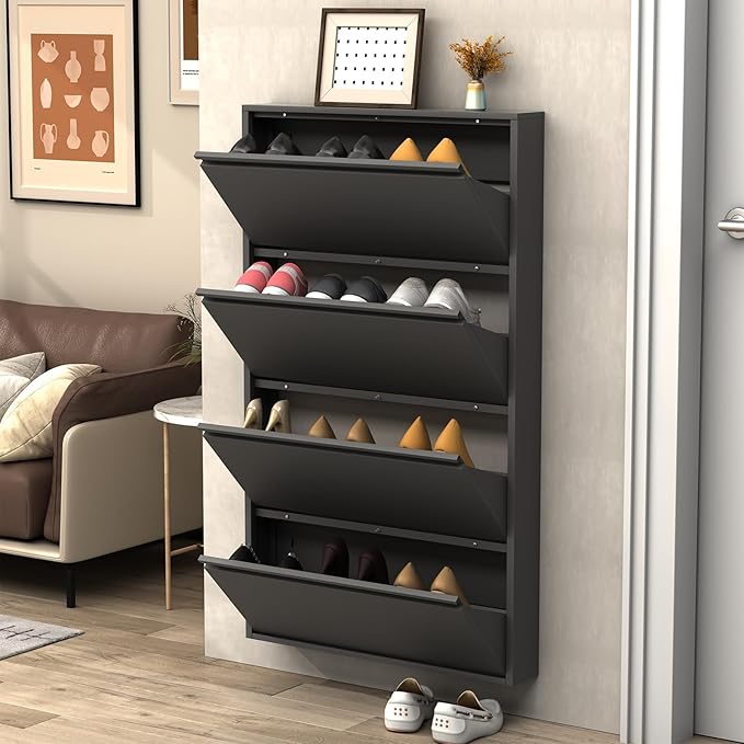 LUCYPAL Shoe Cabinet with 4 Flip Drawers,Slim Shoe Storage Cabinets for Entryway,Black Narrow Wall Shoe Cabinet for Hallway,Living Room, Bedroom