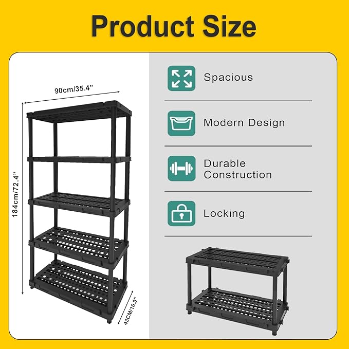 Plastic Storage Shelves, 4/5 Shelving Unit, Heavy Duty Storage Rack, 72.44''H, Plastic Shelf Rack, Adjustable Utility Shelf for Basement, Kitchen, Bathroom, Garage,PP, Waterproof