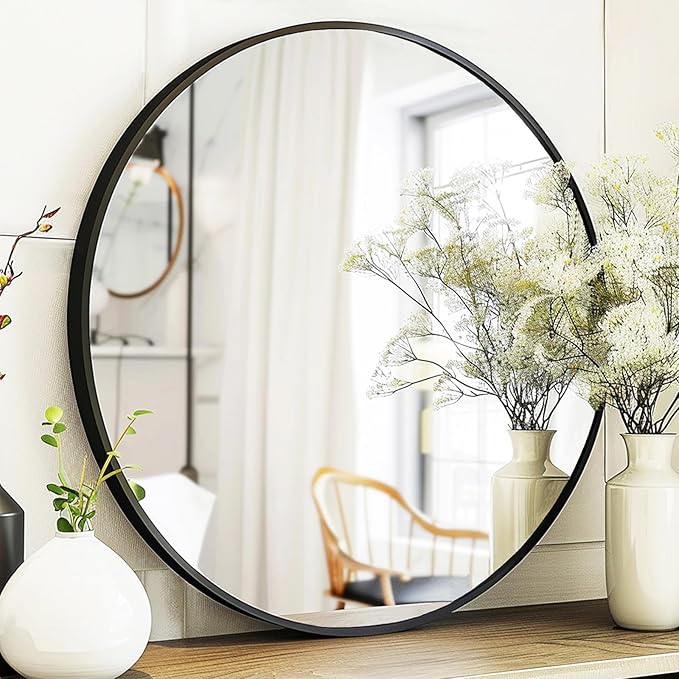 Sunniry Small Round Mirror, 16 inch Round Mirror, Circle Black Mirrors, Metal Frame Circle Mirrors for Bathroom, Bedroom, Vanity, Wall Decor.