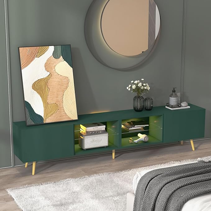 Bonzy Home 86" LED TV Stand, Modern Entertainment Center up to 90" TV, Television Console Table with Storage Cabinets for Living Room, Dark Green