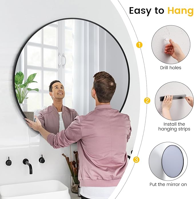 20 Inch Black Round Wall Mirror, Modern Metal Frame for Bathroom, Living Room, Bedroom Decor