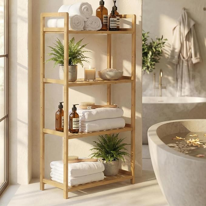 Bamboo Bathroom Shelf Organizer, 4 Tier Wooden Bathroom Rack with Adjustable Shelves, Free Standing Shelving Unit Open Bookcase Plant Shelf Indoor, 39" Storage Shelves for Kitchen Living Room