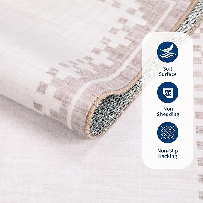 GarveeHome Washable 5x7 Rug Modern Low Pile Living Room Bedroom Rug with Non Sliip Back Geometric Bordered Indoor Carpet for Dining Room Farmhouse Home Office Decor, Light Beige/Seashell