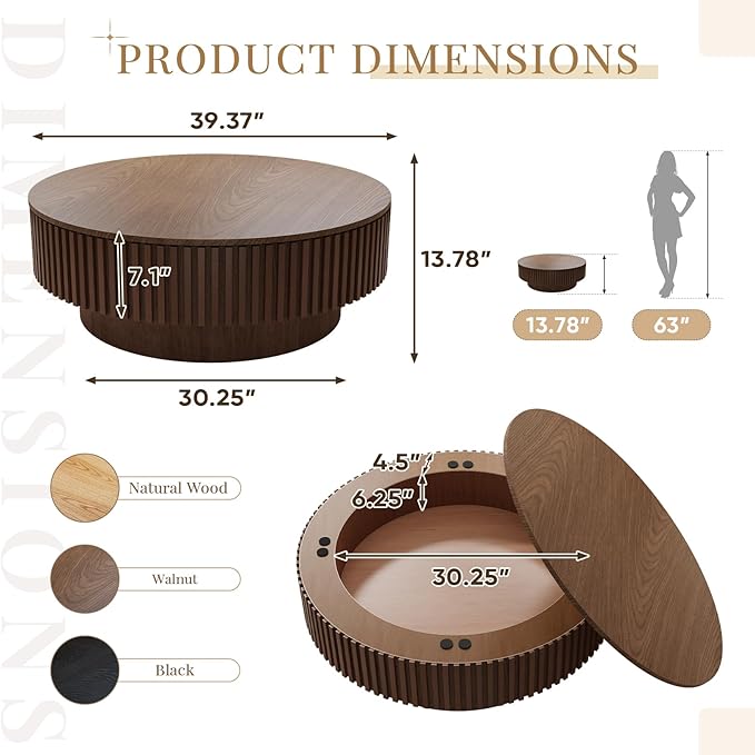 39.37'' Round Coffee Table with Storage, Modern Fluted Circle Coffee Table Unique Drum Low Center Tea Table with Solid Wood Veneered for Living Room Small Space, Mesas De Centro para Sala, Walnut
