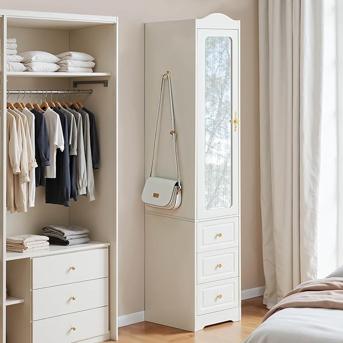 69.5" H Armoire Wardrobe Closet, Wood Bedroom Armoires Cabinet with Mirror Door and 3 Drawers, White Clothing Storage Cabinet with Hanging Rod & Sensor Light for Bedroom(Left)