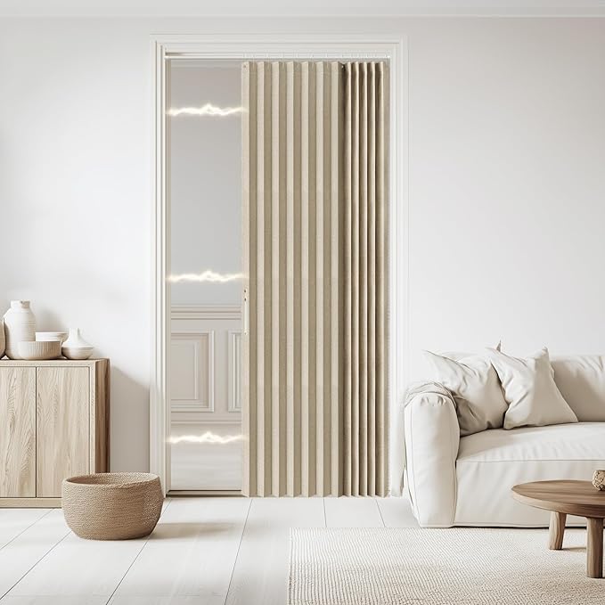 Jilron Accordian Door Curtain, 100% Blackout Folding Magnetic Doorway Curtains,Linen Style Closet Doors,for Room Divider,Privacy Protection（W52 x L78,Beige,1 Panel）