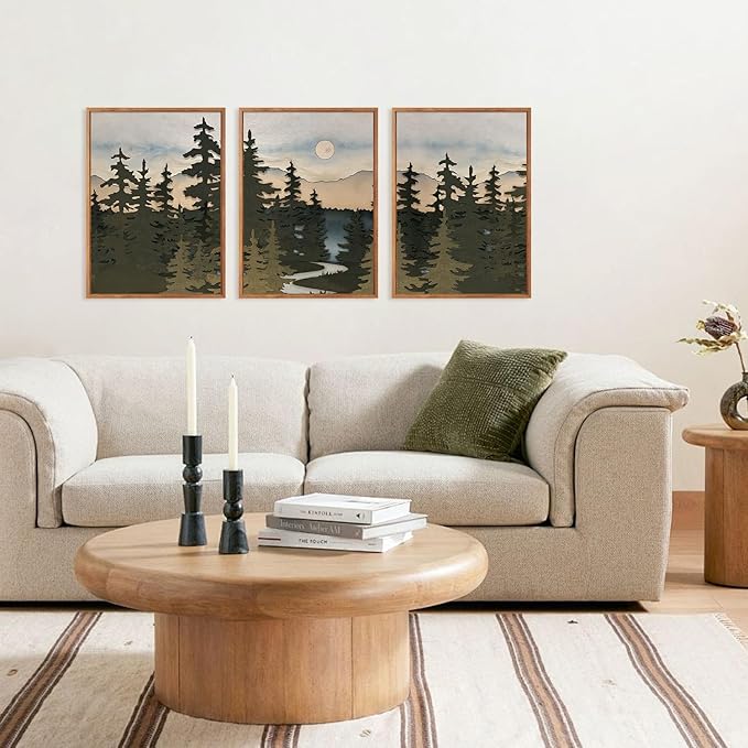 HPNIUB Vintage Mountain Framed Canvas Wall Art Set, Boho Sunrise Art Prints, Forest Nature Wilderness Art Paintings, Abstract Pine Tree Wall Decor for Living Room Bedroom, Office(Set of 3,12X16 Inch)