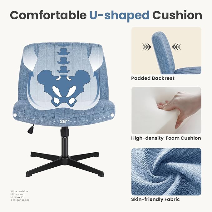 DUMOS Criss Cross Legged Chair Wide Comfy Home Office Desk Chairs, No Wheels Armless Computer Task Swivel Vanity Chair Height Adjustable for Makeup Bedroom, Fabric-Dark Blue