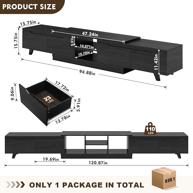 MEISSALIVVE Extendable TV Stand for Up to 120 Inch TV, Modern Entertainment Center with 4 Drawers & 2 Storage Compartments, Adjustable Length (95"-121"), TV Consoles for Living Room & Bedroom (Black)