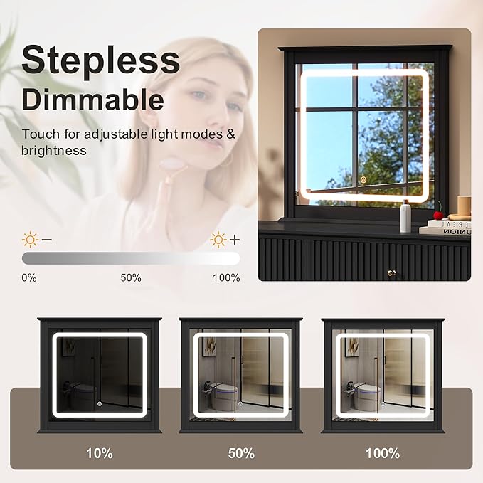 RoyalCraft Black Vanity Desk with Lighted Mirror, Fluted Makeup Vanity Table with 3 Lighting Modes, Modern Wood Dressing Table with 6 Drawers for Bedroom