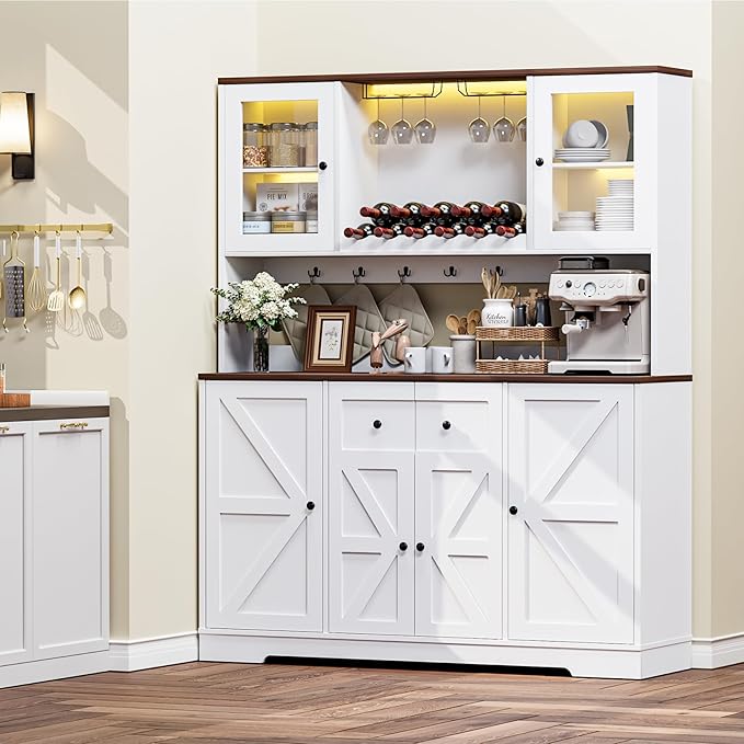 VVFLU 68" Tall Kitchen Pantry Storage Cabinet with Charging Station, 55" Wide Kitchen Hutch Cabinet with Large Countertop, Farmhouse Buffet Cabinet with Wine Holder & Wine Rack for Dining Room, White