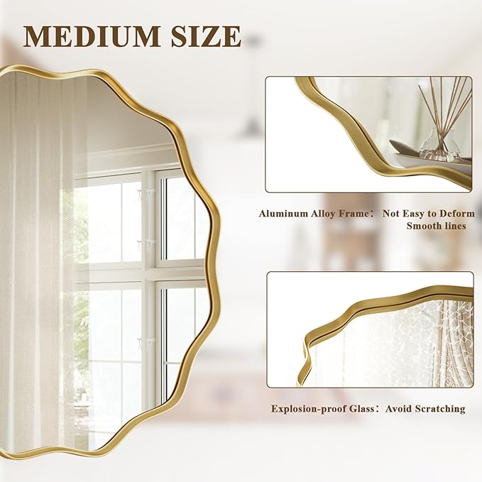 VooBang Gold Scalloped Circle Mirror, 20" Wavy Edge Round Wall Mirror with Tempered Glass Textured Circular Metal Deep Frame, Hanging Leaning for Bathroom, Hallway, Entryway, Livng Room