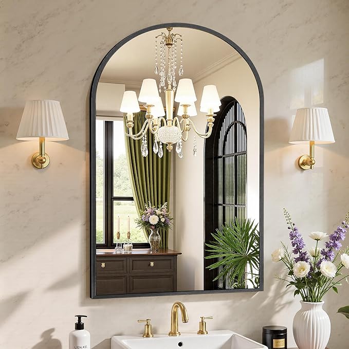 NEWBULIG 24X36 Inch Arched Bathroom Mirror for Wall, Vanity Bathroom Mirrors for Over Sink Tempered Glass, Anti-Rust Arched Metal Framed, Hangs Horizontally or Vertically, Farmhouse Home Decor, Black