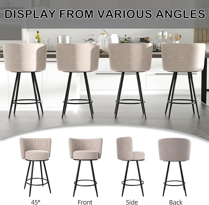 HONIFUR Bar Stools Set of 4, Counter Height Barstools with Back & Footrest Metal Legs, Counter Stools for Kitchen Island, Counter, Cafes, Dining Room (Swivel, Beige)