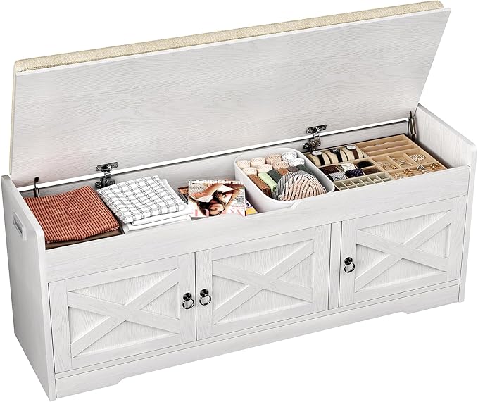 Farmhouse Shoe Storage Bench with Cushion Seat, 3-Tier Entryway Bench with Lift Top Storage and Adjustable Shelf, Bench for Hallway, Bedroom, White