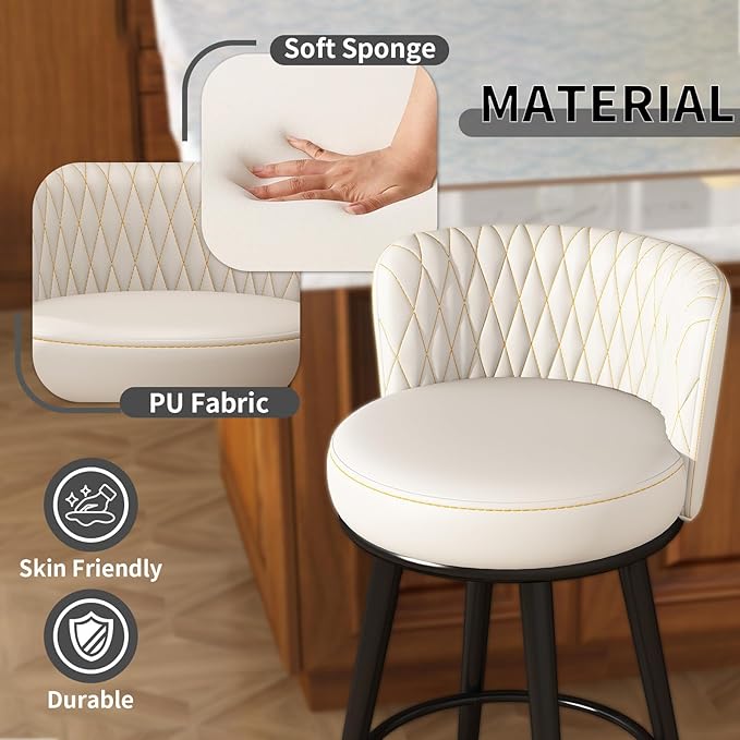 HONIFUR Bar Stools Set of 2, 27 Inch Barstools with Sturdy Legs, Leather Farmhouse Counter Height Bar Stool for Kitchen, Dining, Bar (White, Leather)
