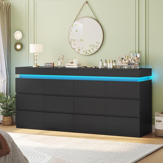 HAUOMS 12 Drawer Dresser with LED Light, Black Modern Chest of Drawers for Bedroom,Long Dresser with Drawers for Living Room, Entryway, Hallway