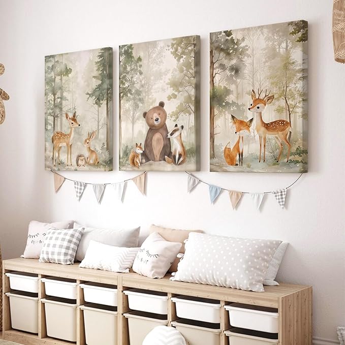 Woodland Nursery Wall Art Decor Animal Forest Canvas Prints Baby Boy Room Wall Decor Bear Nursery Nature Pictures Deer Prints Artwork for Boy Girl Kids Bedroom 12x16 Inch Wrapped Canvas Set of 3