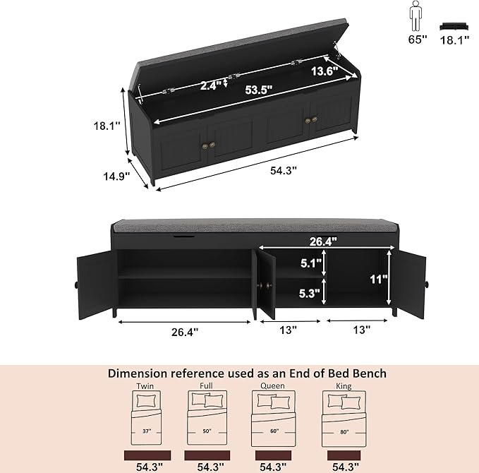 HOMEFORT 54.4" Shoe Bench with Lift Top Storage, Entryway Bench with Cushioned Seat, Wooden End of Bed Bench, Shoe Cabinet Bench with Hidden Storage Space, for Bedroom, Hallway,Black