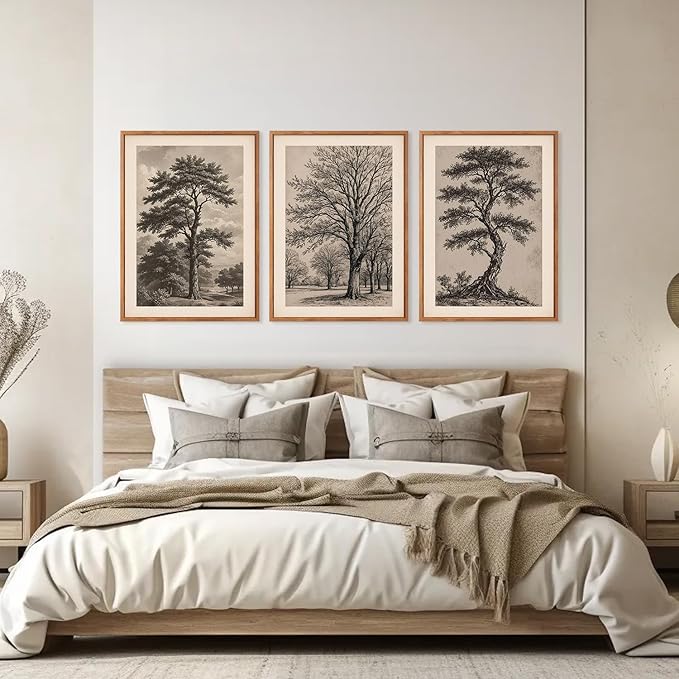 HPINUB Vintage Sketch Tree Framed Canvas Wall Art Set,Modern Nature Botanical Wall Decor, Antique Wilderness Tree Artwork,Minimalist Neutral Art Prints for Living Room,Bedroom(Set of 3,12X16 Inch)