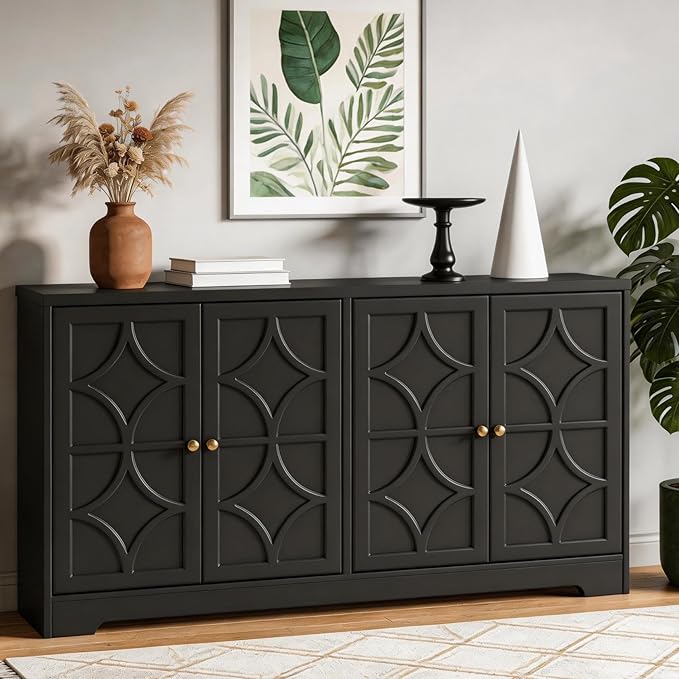 RoyalCraft Sideboard Buffet Cabinet with Storage, 56" Modern Sideboard with 4 Carved Doors and Adjustable Shelves, Large Wood Coffee Bar Console Table for Kitchen, Dining Room, Living Room, Black