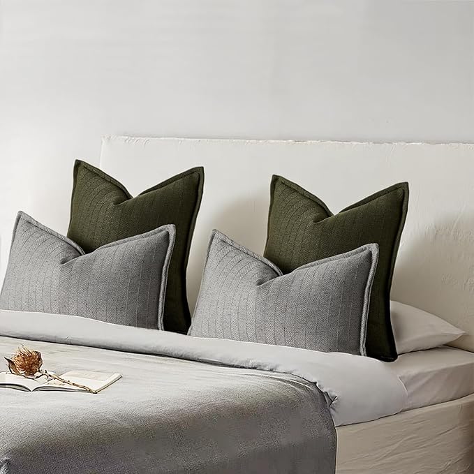 DEZENE 26x26 Linen Euro Sham Pillow Covers Olive Green Pack of 2 Farmhouse Boho Neutral Accents Striped Textured Square Decorative Throw Pillow Cases for Living Room Couch Bed Home Decor