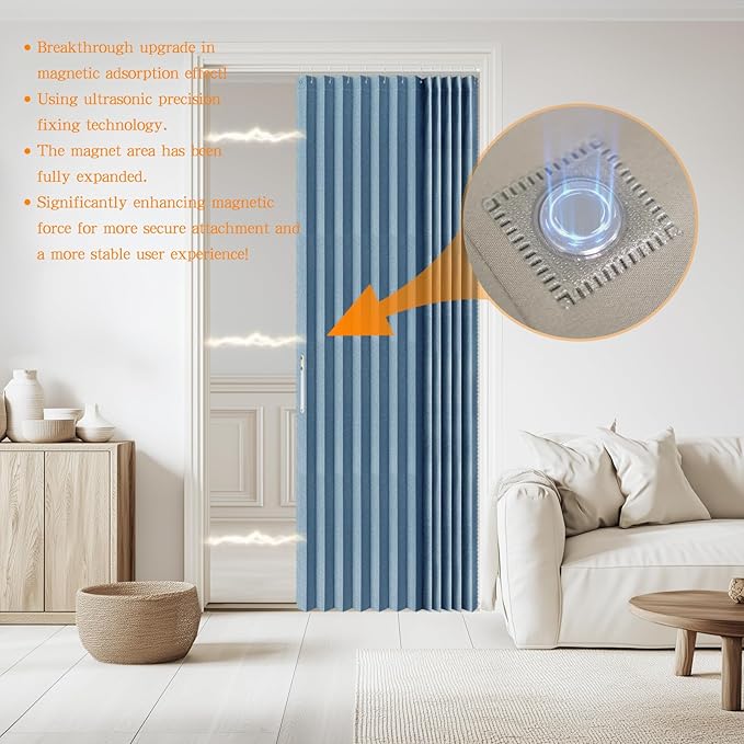 Jilron Accordian Door Curtain, 100% Blackout Folding Magnetic Doorway Curtains,Linen Style Closet Doors,for Room Divider,Privacy Protection（W72 x L78,Blue,1 Panel）