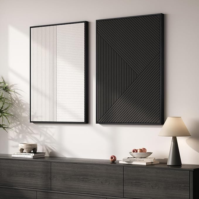 Large 3D Textured Framed Black and White Abstract Wall Art, 2 Piece Modern Minimalist Artwork for Walls, Black White Geometric Line Pictures for Living Room Bedroom Hallway Office Wall Decor 24x36 In