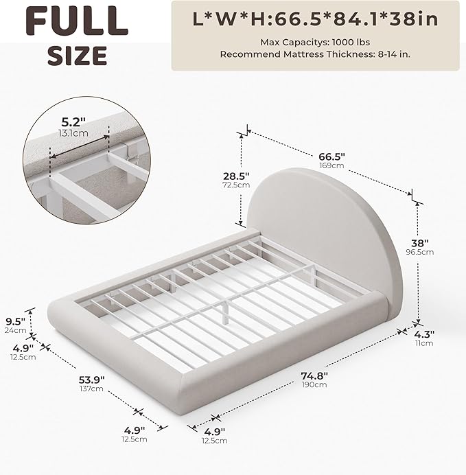 RECCI AirFrame Half-Moon Upholstered Full Platform Bed Frame, Velvet Curved Arched Base with Headboard, 5 Inch Fully Round Cushioned Foam, No Box Spring Needed, Easy Assembly | Round Shaped, Boucle, Low-profile, Soft