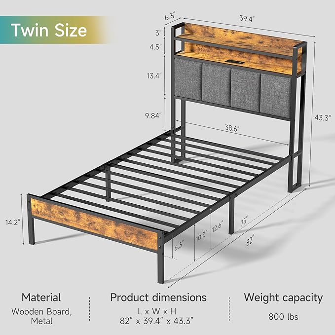 Easy Assembly Twin Bed Frame with LED Light &Charging Station, Metal Platform Bed with 2-Tier Shelves & Under Bed Storage, Upholstered Headboard&Footboard,No Box Spring Needed,Noise Free,Vintage Brown