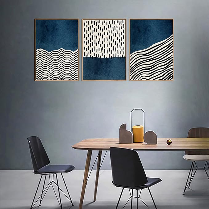 Framed Wall Art Canvas Set Mid Century Boho Picture Modern Abstract Geometric Lines Wall Decor Minimalist Black Indigo Canvas Painting Artwork Living Room Bedroom Home Office 20"x28"x3 Natural